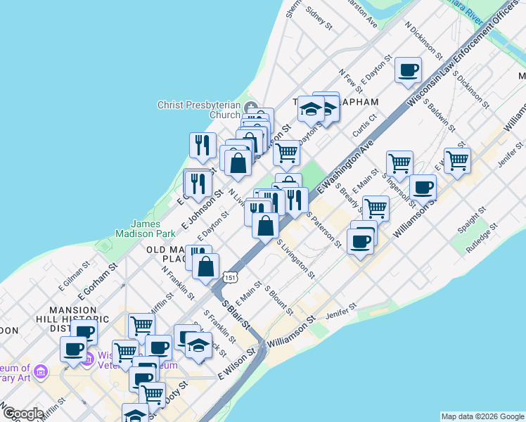 map of restaurants, bars, coffee shops, grocery stores, and more near 16 North Livingston Street in Madison