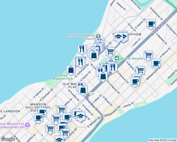map of restaurants, bars, coffee shops, grocery stores, and more near 710 East Mifflin Street in Madison