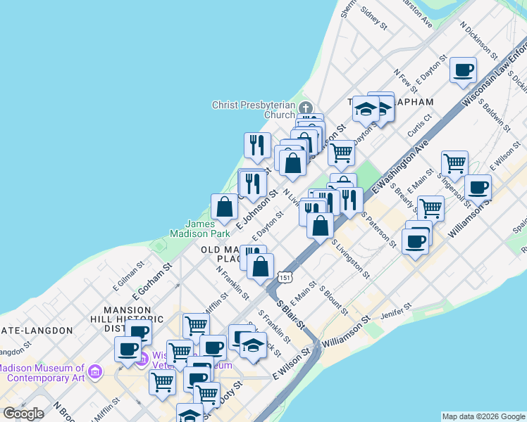 map of restaurants, bars, coffee shops, grocery stores, and more near in Madison