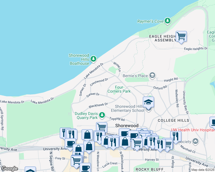 map of restaurants, bars, coffee shops, grocery stores, and more near 3427 Viburnum Drive in Madison