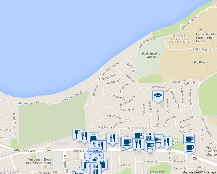 map of restaurants, bars, coffee shops, grocery stores, and more near 3436 Sunset Drive in Madison
