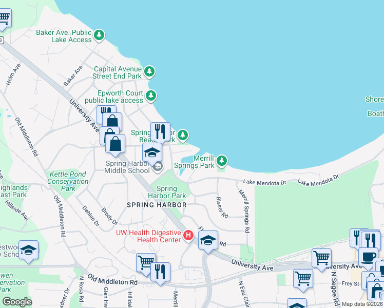map of restaurants, bars, coffee shops, grocery stores, and more near 5140 Spring Court in Madison