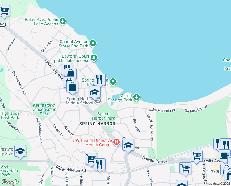map of restaurants, bars, coffee shops, grocery stores, and more near 5140 Spring Court in Madison
