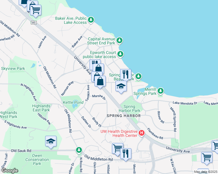 map of restaurants, bars, coffee shops, grocery stores, and more near 1110 Spring Harbor Drive in Madison