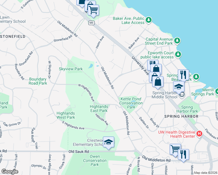 map of restaurants, bars, coffee shops, grocery stores, and more near 5911 Old Middleton Road in Madison