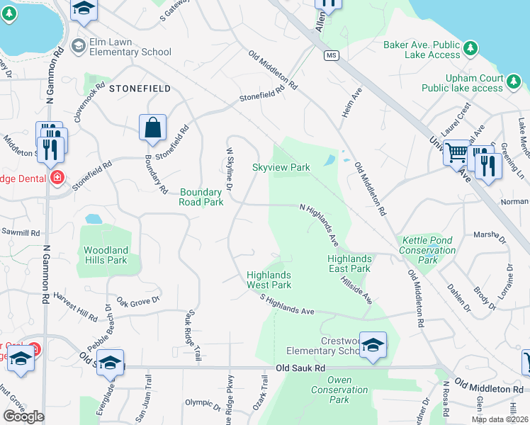 map of restaurants, bars, coffee shops, grocery stores, and more near 6221 North Highlands Avenue in Madison