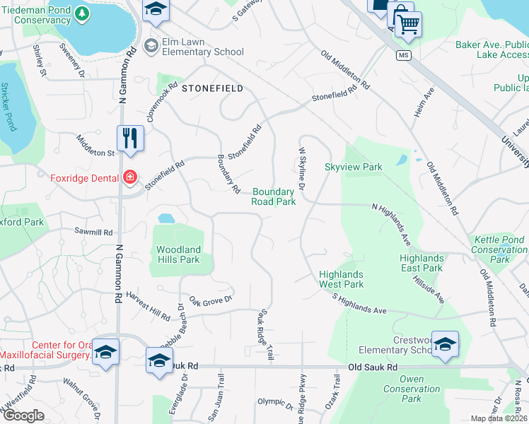 map of restaurants, bars, coffee shops, grocery stores, and more near 6 Hodgson Court in Madison