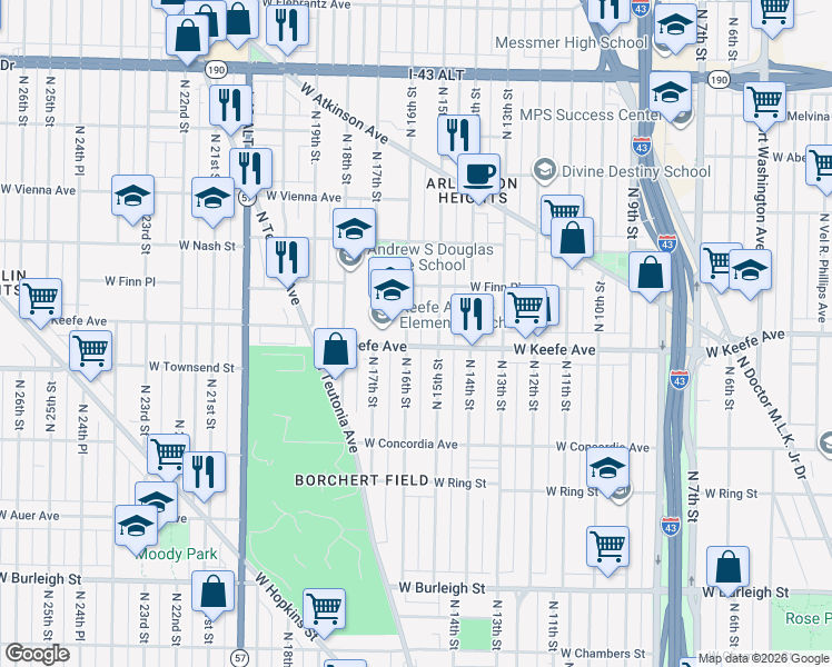 map of restaurants, bars, coffee shops, grocery stores, and more near 3463 North 15th Street in Milwaukee