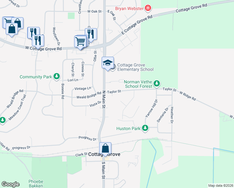 map of restaurants, bars, coffee shops, grocery stores, and more near 115 Arbury Court in Cottage Grove