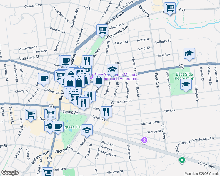 map of restaurants, bars, coffee shops, grocery stores, and more near 200 Regent Street in Saratoga Springs