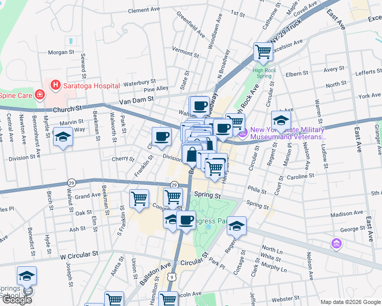 map of restaurants, bars, coffee shops, grocery stores, and more near 422 Broadway in Saratoga Springs