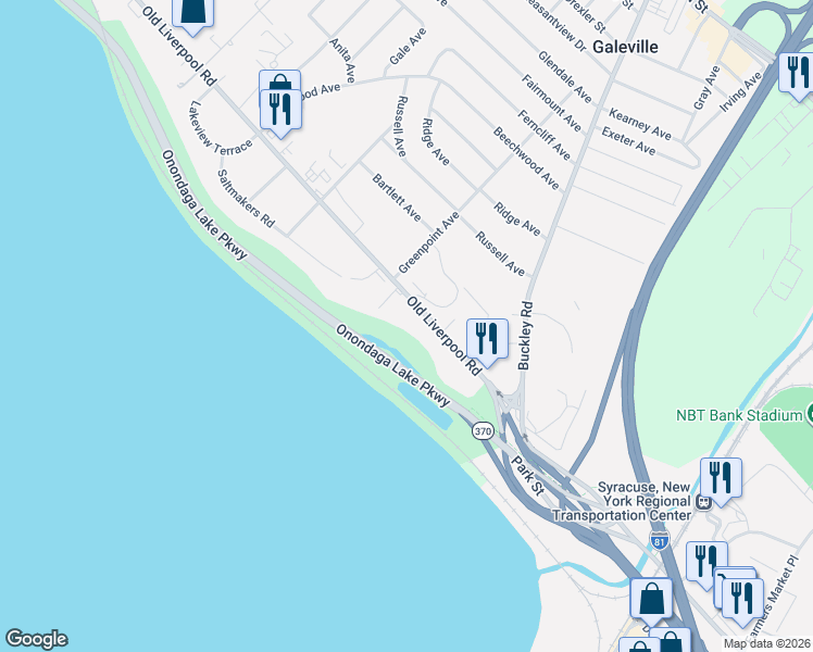 map of restaurants, bars, coffee shops, grocery stores, and more near 6430 Onondaga Lake Parkway in Liverpool