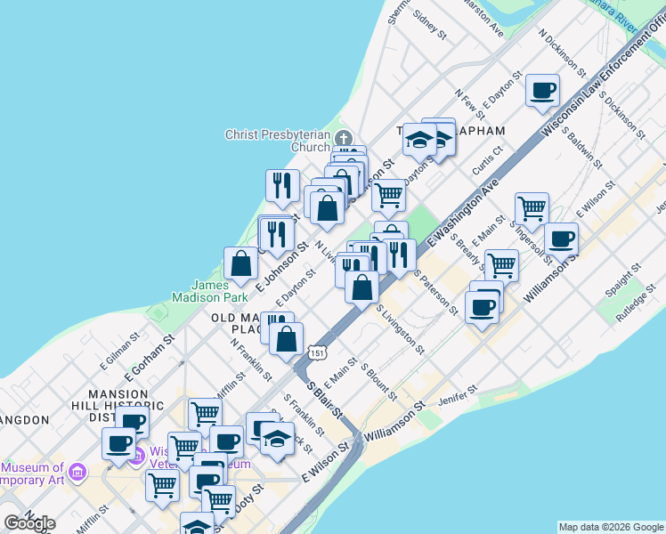 map of restaurants, bars, coffee shops, grocery stores, and more near 110 North Livingston Street in Madison