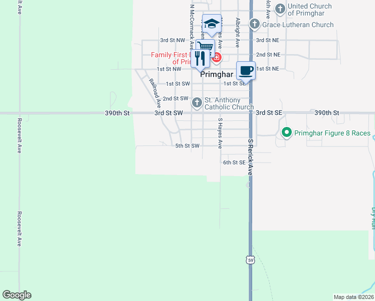 map of restaurants, bars, coffee shops, grocery stores, and more near 655 South McCormack Avenue in Primghar