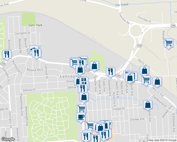 map of restaurants, bars, coffee shops, grocery stores, and more near 3198 Highway 298 in Syracuse