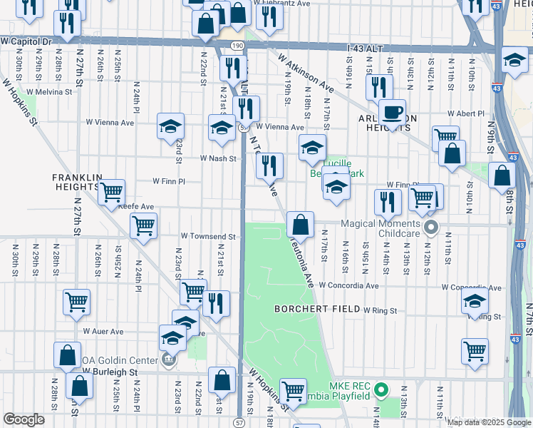 map of restaurants, bars, coffee shops, grocery stores, and more near 1929 West Keefe Avenue in Milwaukee