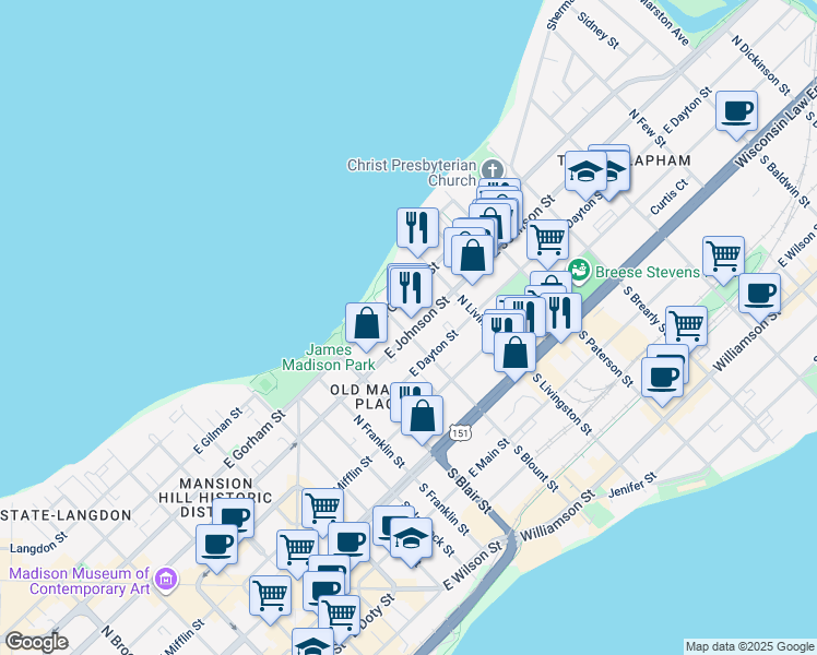 map of restaurants, bars, coffee shops, grocery stores, and more near 207 North Blount Street in Madison
