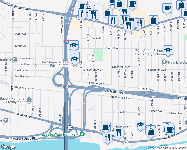 map of restaurants, bars, coffee shops, grocery stores, and more near 415 69th Street in Niagara Falls