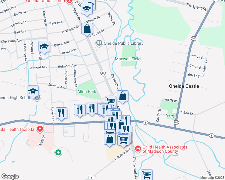 map of restaurants, bars, coffee shops, grocery stores, and more near 571 Main Street in Oneida