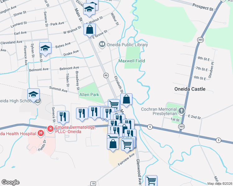map of restaurants, bars, coffee shops, grocery stores, and more near 561 Main Street in Oneida