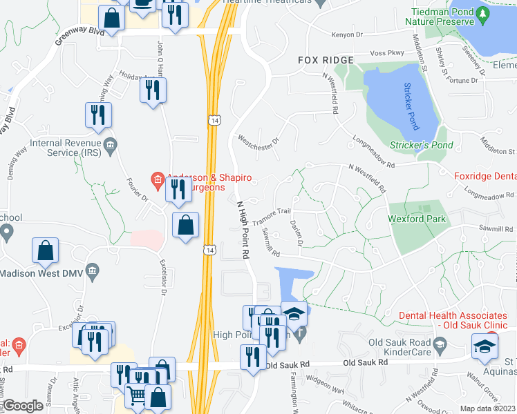 map of restaurants, bars, coffee shops, grocery stores, and more near 10 Boothbay Circle in Madison