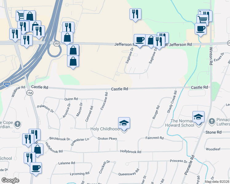 map of restaurants, bars, coffee shops, grocery stores, and more near 245 Castle Road in Rochester