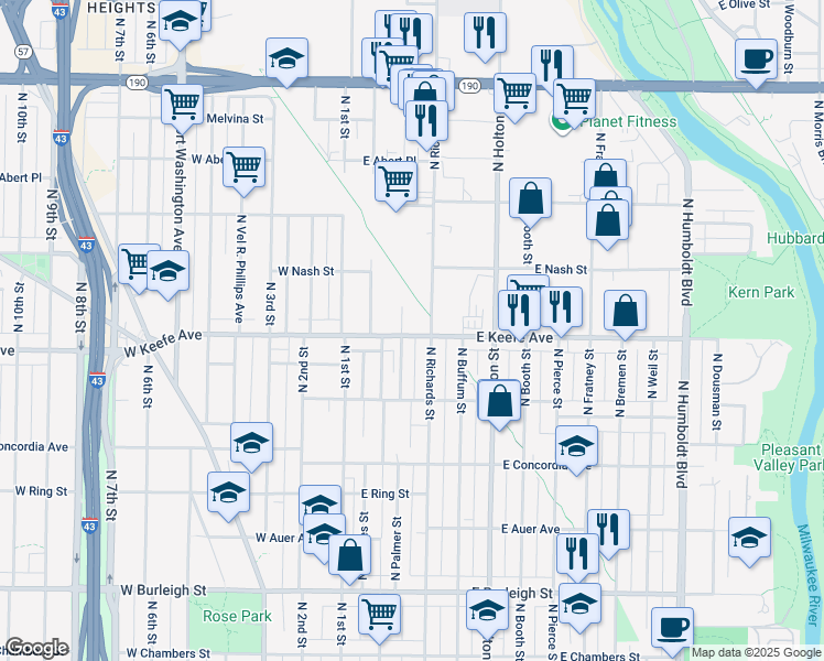 map of restaurants, bars, coffee shops, grocery stores, and more near 3461 North Richards Street in Milwaukee