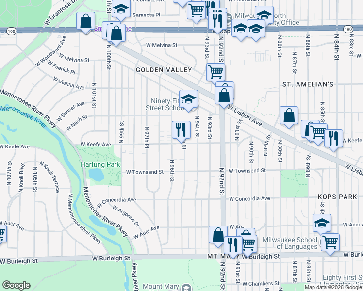 map of restaurants, bars, coffee shops, grocery stores, and more near 3475 North 95th Street in Milwaukee