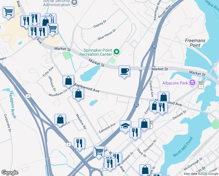 map of restaurants, bars, coffee shops, grocery stores, and more near 940 Maplewood Avenue in Portsmouth
