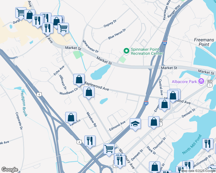 map of restaurants, bars, coffee shops, grocery stores, and more near 1000 Maplewood Avenue in Portsmouth