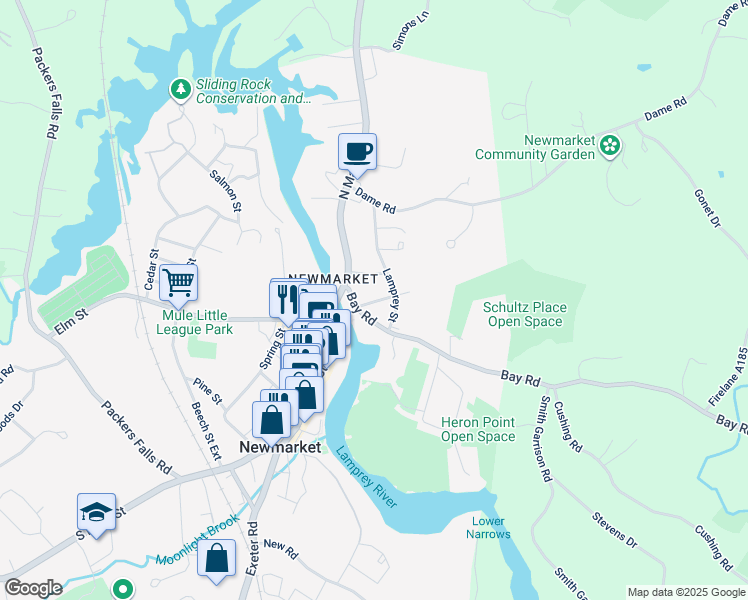 map of restaurants, bars, coffee shops, grocery stores, and more near 25 Bay Road in Newmarket
