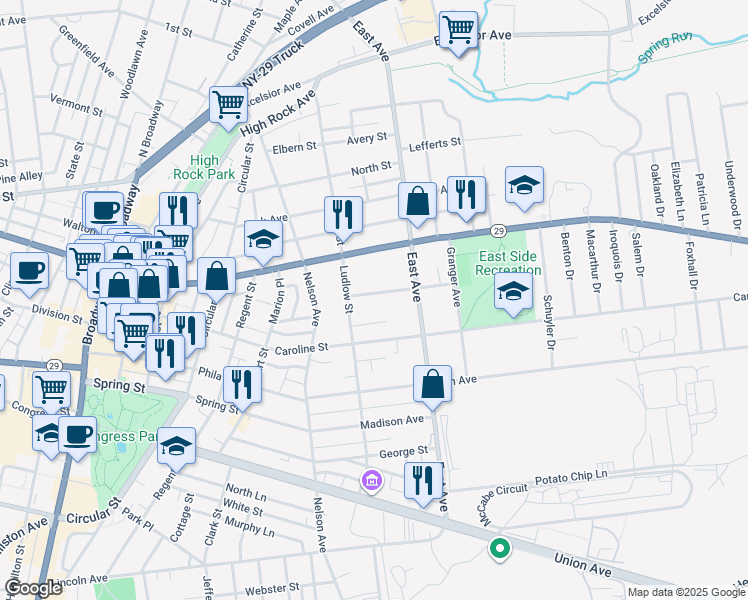 map of restaurants, bars, coffee shops, grocery stores, and more near 84 Ludlow Street in Saratoga Springs