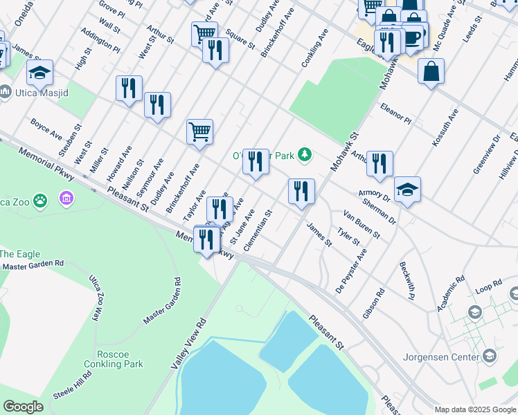 map of restaurants, bars, coffee shops, grocery stores, and more near 1611 Clementian Street in Utica