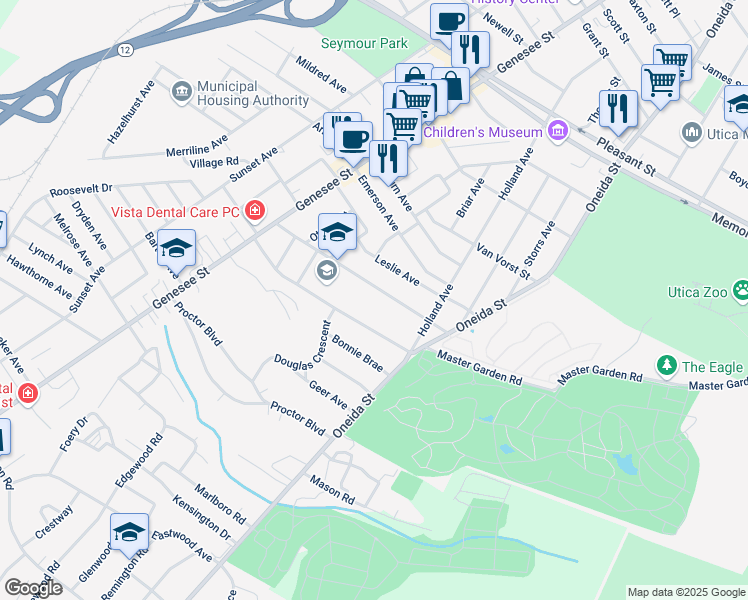 map of restaurants, bars, coffee shops, grocery stores, and more near 69 Ballantyne Brae in Utica