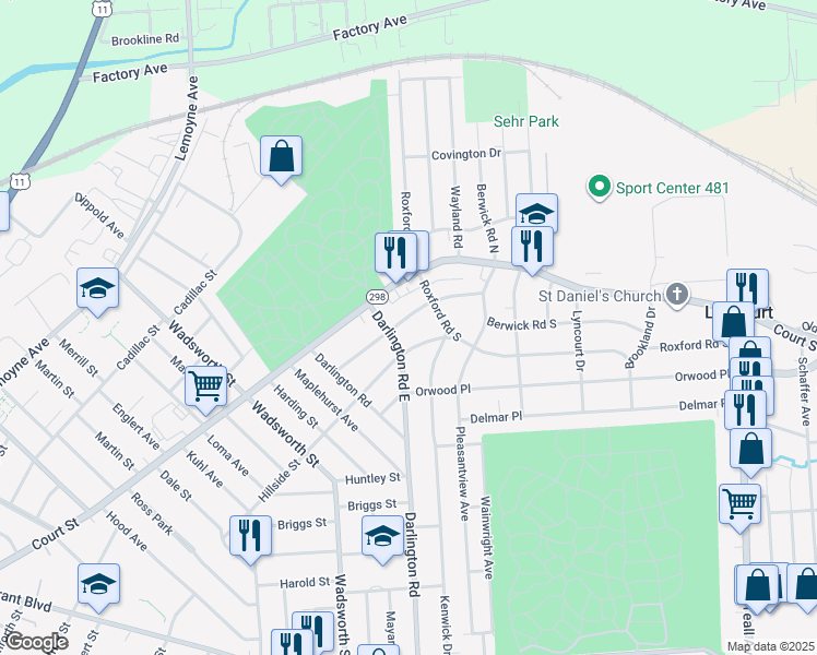 map of restaurants, bars, coffee shops, grocery stores, and more near 727 Hillside Street in Syracuse