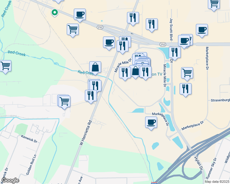 map of restaurants, bars, coffee shops, grocery stores, and more near 1200 Miracle Mile Drive in Rochester