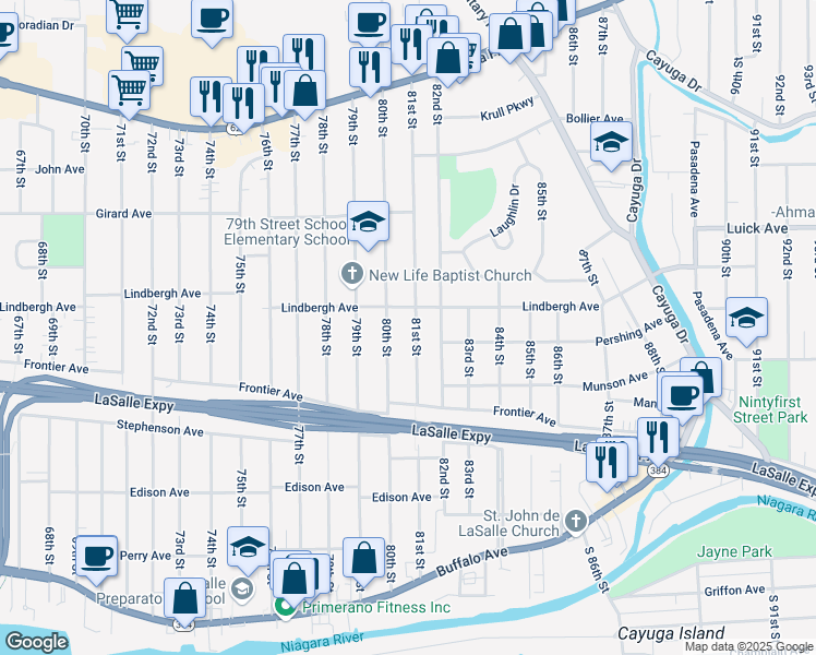 map of restaurants, bars, coffee shops, grocery stores, and more near 463 80th Street in Niagara Falls