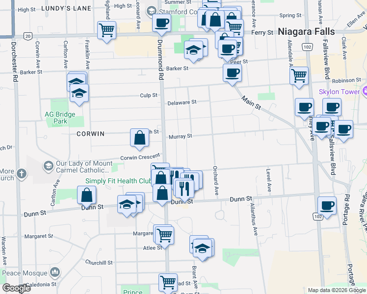 map of restaurants, bars, coffee shops, grocery stores, and more near 6478 Locus Avenue in Niagara Falls