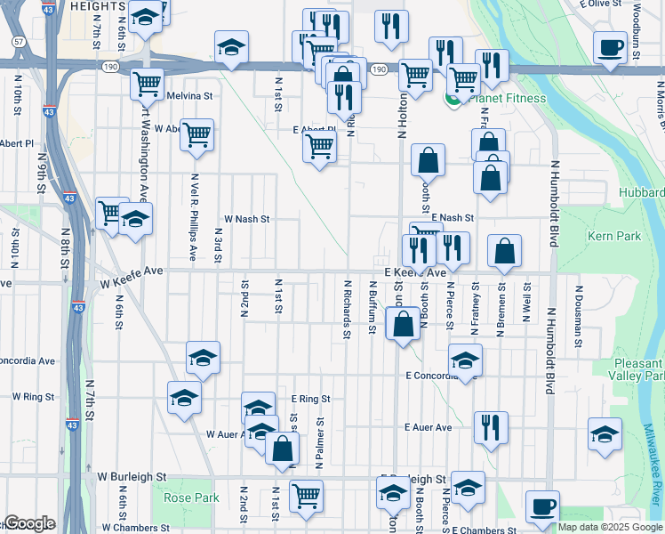 map of restaurants, bars, coffee shops, grocery stores, and more near 3461 North Richards Street in Milwaukee