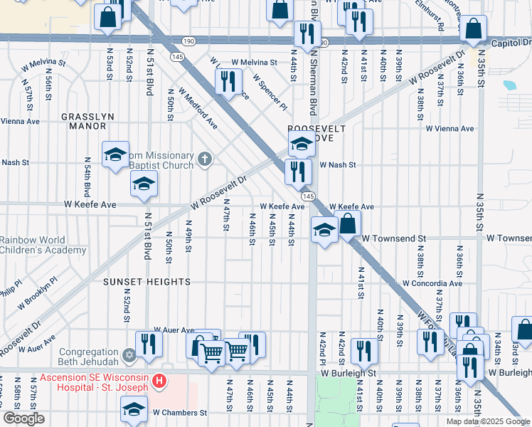 map of restaurants, bars, coffee shops, grocery stores, and more near 3412 North 46th Street in Milwaukee