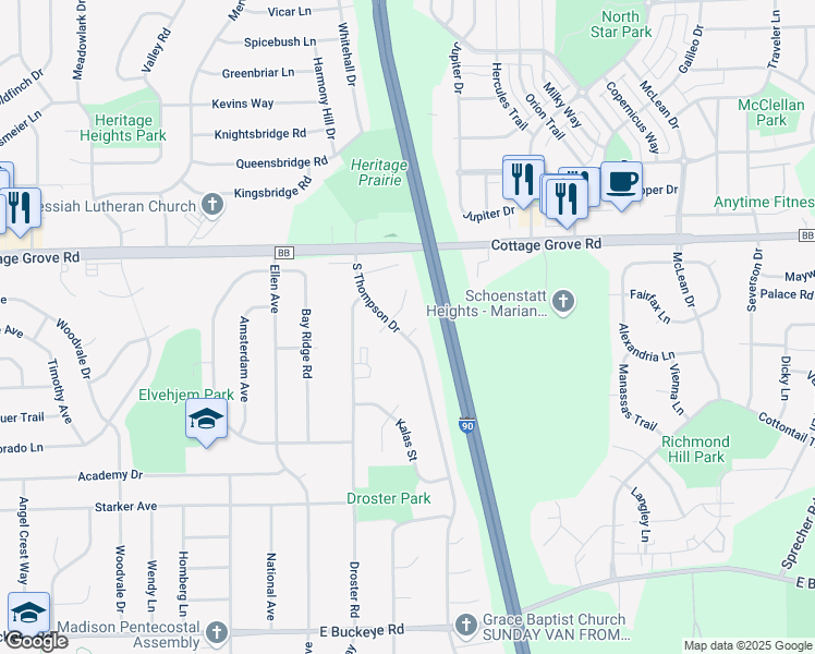 map of restaurants, bars, coffee shops, grocery stores, and more near 1204 South Thompson Drive in Madison
