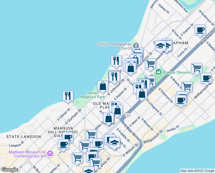 map of restaurants, bars, coffee shops, grocery stores, and more near 635 East Johnson Street in Madison