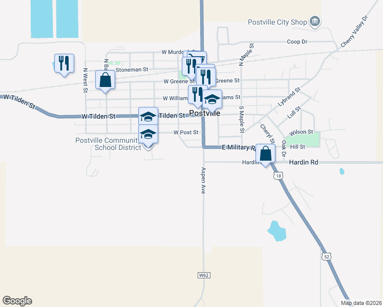 map of restaurants, bars, coffee shops, grocery stores, and more near 10001-10069 Aspen Avenue in Postville