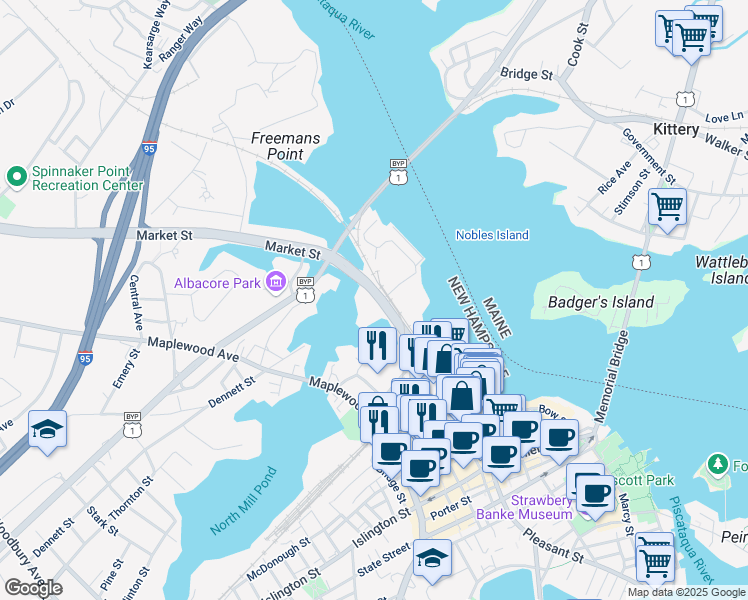 map of restaurants, bars, coffee shops, grocery stores, and more near 500 Market Street in Portsmouth