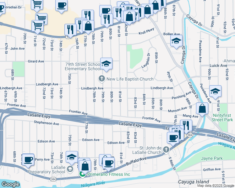 map of restaurants, bars, coffee shops, grocery stores, and more near 463 80th Street in Niagara Falls