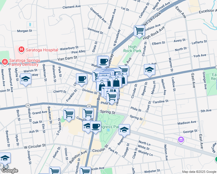 map of restaurants, bars, coffee shops, grocery stores, and more near 30 Caroline Street in Saratoga Springs