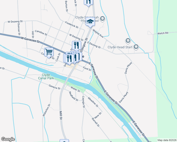 map of restaurants, bars, coffee shops, grocery stores, and more near 45 East Genesee Street in Clyde