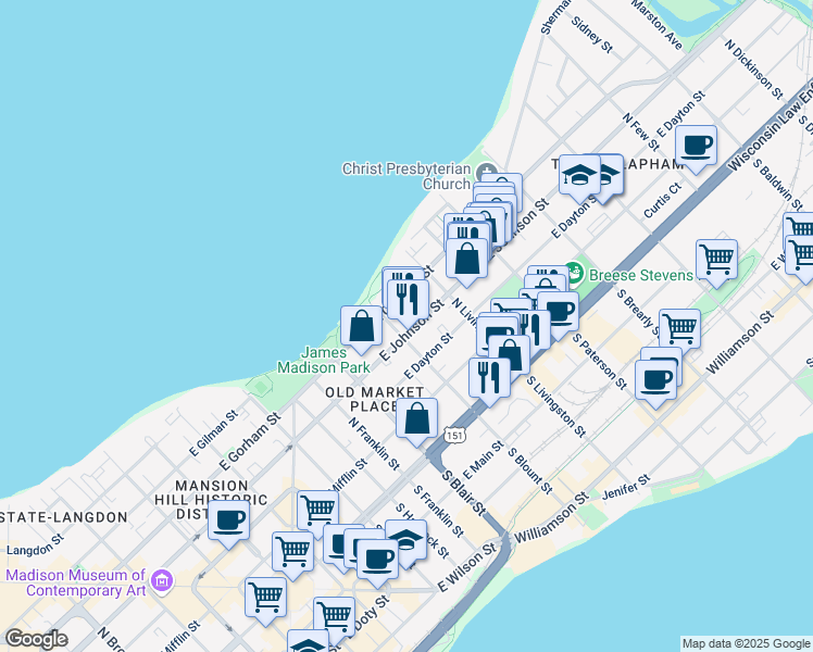 map of restaurants, bars, coffee shops, grocery stores, and more near 708 East Johnson Street in Madison