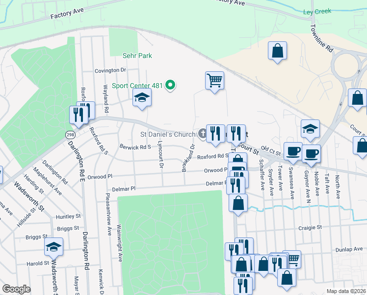map of restaurants, bars, coffee shops, grocery stores, and more near 2920 Court Street in Syracuse