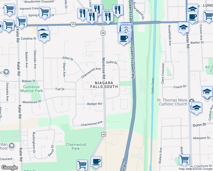 map of restaurants, bars, coffee shops, grocery stores, and more near 6331 Graham Street in Niagara Falls